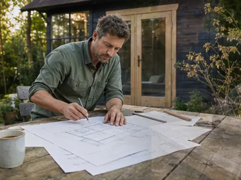 Person prüft Bauzeichnungen an einem Gartentisch vor einem kleinen Gartenhaus; Thema Gartenhaus aus Metall, Schwerpunkt Aufbau; Titelbild.