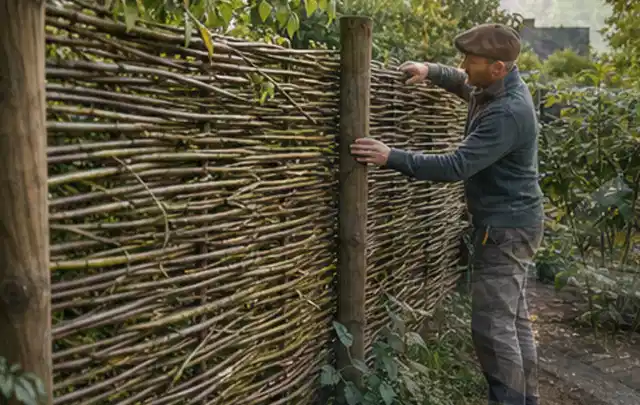 Person befestigt geflochtene Weidenruten an stabilen Holzpfosten im Garten; Thema Gartenhaus aus Metall, Schwerpunkt Aufbau; Ausgangslage.