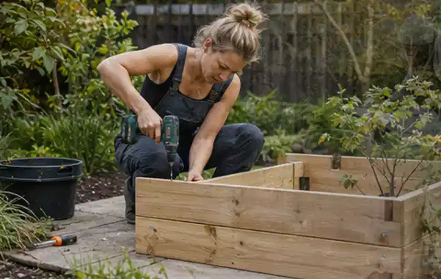 Person montiert ein massives Hochbeet aus unbehandeltem Holz im Garten; Thema Gartenhaus aus Metall, Schwerpunkt Aufbau; Umsetzung.