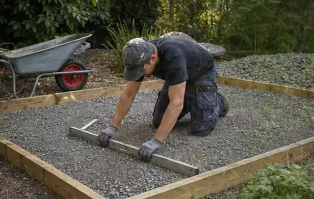 Person richtet eine verdichtete Kiesfläche mit Wasserwaage und Abziehlatte aus; Thema Gartenhaus aus Metall, Schwerpunkt Aufbau; Kontrolle.