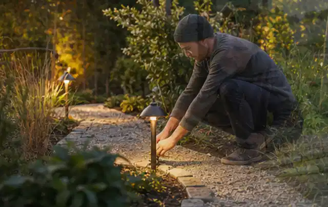Person richtet eine niedrige warm leuchtende Gartenlampe am Kiesweg aus; Thema Gartenhaus aus Metall, Schwerpunkt Aufbau; Praxisalltag.