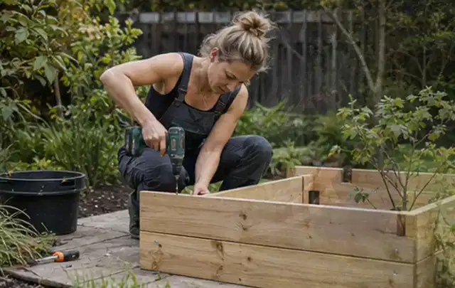 Person montiert ein massives Hochbeet aus unbehandeltem Holz im Garten; Thema Gartenhaus aus Metall, Schwerpunkt Baurecht; Ausgangslage.
