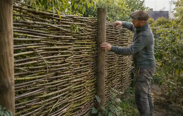 Person befestigt geflochtene Weidenruten an stabilen Holzpfosten im Garten; Thema Gartenhaus aus Metall, Schwerpunkt Baurecht; Umsetzung.