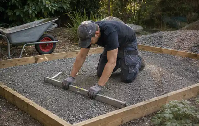 Person richtet eine verdichtete Kiesfläche mit Wasserwaage und Abziehlatte aus; Thema Gartenhaus aus Metall, Schwerpunkt Baurecht; Kontrolle.