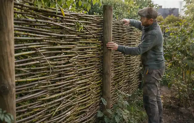Person befestigt geflochtene Weidenruten an stabilen Holzpfosten im Garten; Thema Gartenhaus aus Metall, Schwerpunkt Checkliste; Ergebnis.