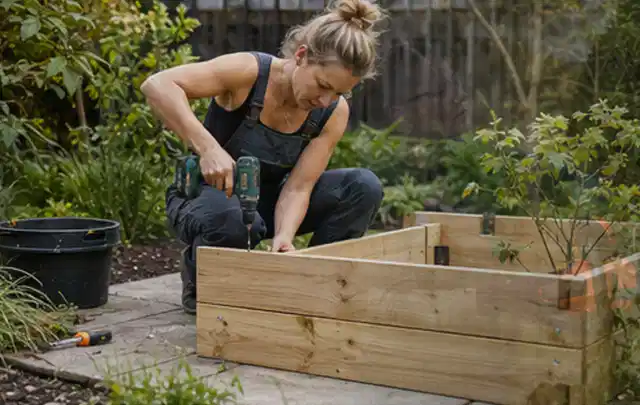 Person montiert ein massives Hochbeet aus unbehandeltem Holz im Garten; Thema Gartenhaus aus Metall, Schwerpunkt Checkliste; Praxisalltag.