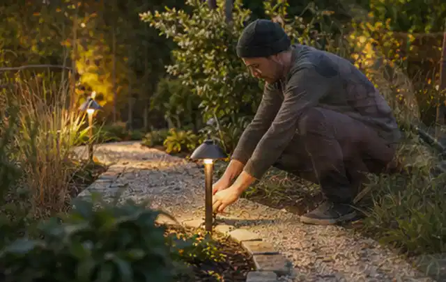 Person richtet eine niedrige warm leuchtende Gartenlampe am Kiesweg aus; Thema Gartenhaus aus Metall, Schwerpunkt Dimensionierung; Ausgangslage.