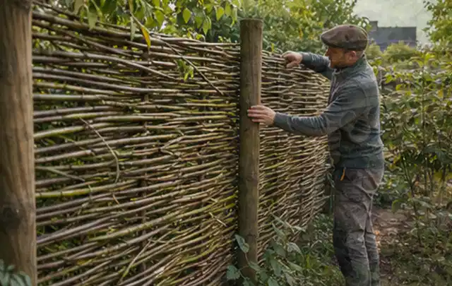 Person befestigt geflochtene Weidenruten an stabilen Holzpfosten im Garten; Thema Gartenhaus aus Metall, Schwerpunkt Dimensionierung; Kontrolle.