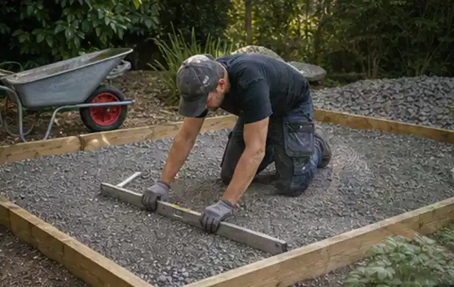 Person richtet eine verdichtete Kiesfläche mit Wasserwaage und Abziehlatte aus; Thema Gartenhaus aus Metall, Schwerpunkt Dimensionierung; Ergebnis.