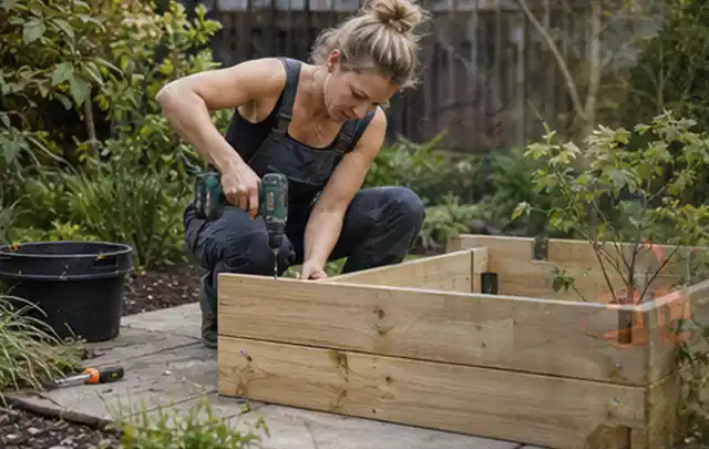 Person montiert ein massives Hochbeet aus unbehandeltem Holz im Garten; Thema Gartenhaus aus Metall, Schwerpunkt Dimensionierung; Praxisalltag.