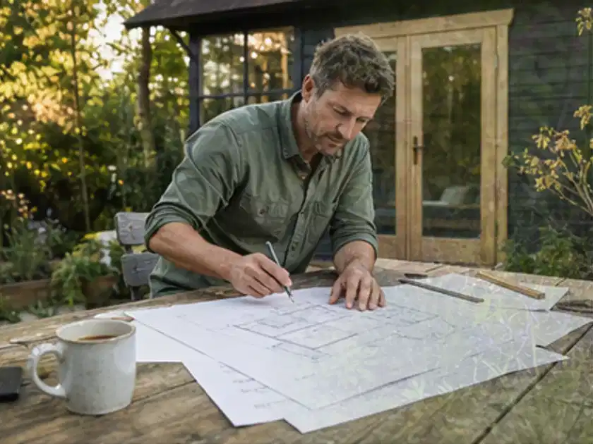 Person prüft Bauzeichnungen an einem Gartentisch vor einem kleinen Gartenhaus; Thema Gartenhaus aus Metall, Schwerpunkt DIY; Titelbild.