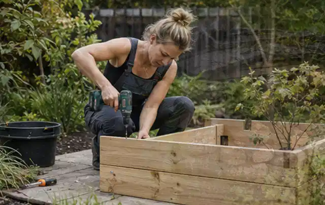Person montiert ein massives Hochbeet aus unbehandeltem Holz im Garten; Thema Gartenhaus aus Metall, Schwerpunkt DIY; Ausgangslage.