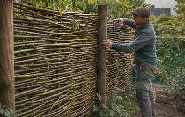 Person befestigt geflochtene Weidenruten an stabilen Holzpfosten im Garten; Thema Gartenhaus aus Metall, Schwerpunkt DIY; Praxisalltag.