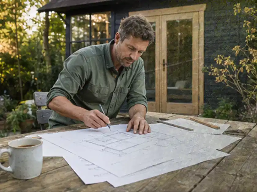 Person prüft Bauzeichnungen an einem Gartentisch vor einem kleinen Gartenhaus; Thema Gartenhaus aus Metall, Schwerpunkt Fehlerhilfe; Titelbild.