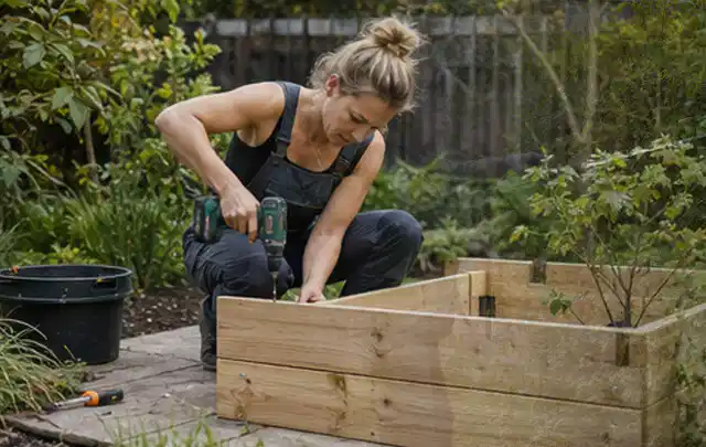Person montiert ein massives Hochbeet aus unbehandeltem Holz im Garten; Thema Gartenhaus aus Metall, Schwerpunkt Fehlerhilfe; Ausgangslage.