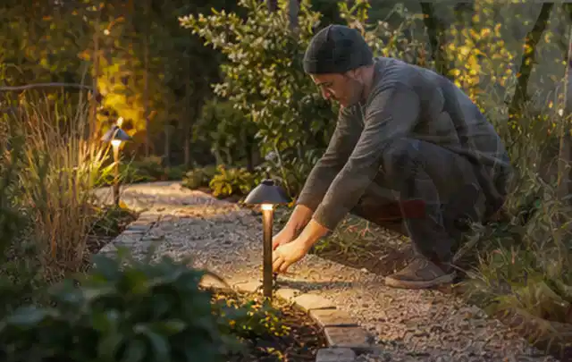 Person richtet eine niedrige warm leuchtende Gartenlampe am Kiesweg aus; Thema Gartenhaus aus Metall, Schwerpunkt Fehlerhilfe; Umsetzung.