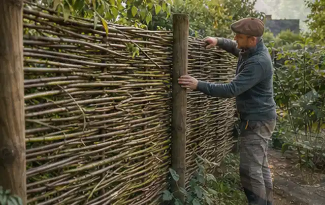 Person befestigt geflochtene Weidenruten an stabilen Holzpfosten im Garten; Thema Gartenhaus aus Metall, Schwerpunkt Fehlerhilfe; Ergebnis.