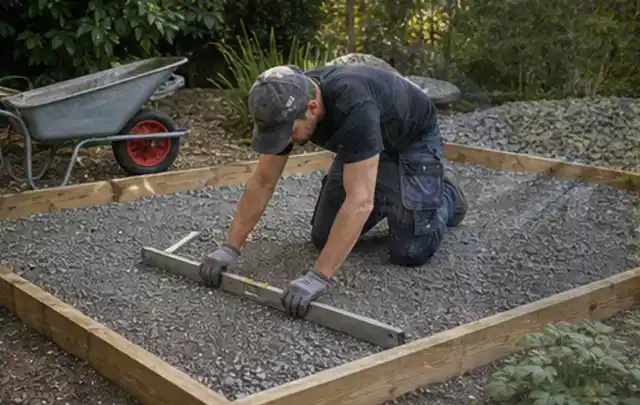 Person richtet eine verdichtete Kiesfläche mit Wasserwaage und Abziehlatte aus; Thema Gartenhaus aus Metall, Schwerpunkt Fehlerhilfe; Praxisalltag.
