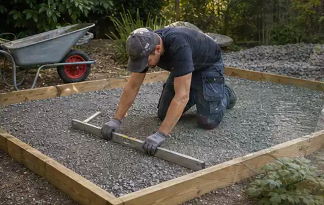 Person richtet eine verdichtete Kiesfläche mit Wasserwaage und Abziehlatte aus; Thema Gartenhaus aus Metall, Schwerpunkt Fundament; Ausgangslage.