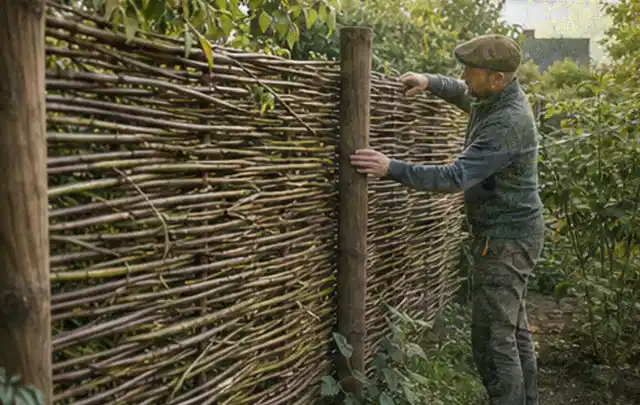 Person befestigt geflochtene Weidenruten an stabilen Holzpfosten im Garten; Thema Gartenhaus aus Metall, Schwerpunkt Fundament; Ergebnis.