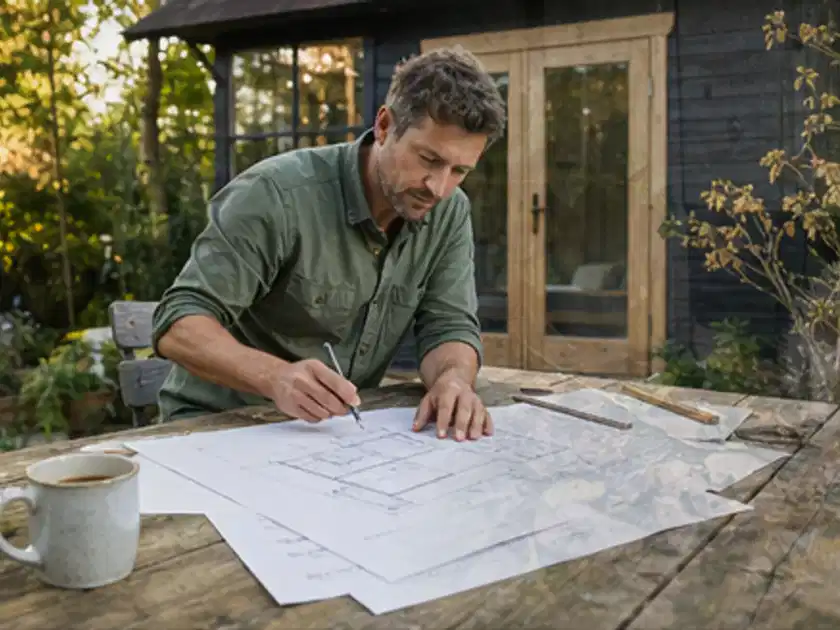 Person prüft Bauzeichnungen an einem Gartentisch vor einem kleinen Gartenhaus; Thema Gartenhaus aus Metall, Schwerpunkt Gärten mit kleiner Fläche;…