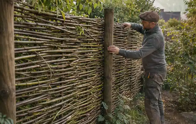 Person befestigt geflochtene Weidenruten an stabilen Holzpfosten im Garten; Thema Gartenhaus aus Metall, Schwerpunkt Gärten mit kleiner Fläche; Umsetzung.