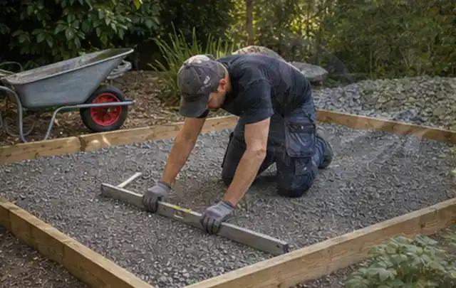 Person richtet eine verdichtete Kiesfläche mit Wasserwaage und Abziehlatte aus; Thema Gartenhaus aus Metall, Schwerpunkt Gärten mit kleiner Fläche;…