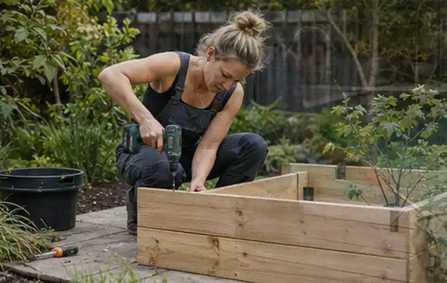 Person montiert ein massives Hochbeet aus unbehandeltem Holz im Garten; Thema Gartenhaus aus Metall, Schwerpunkt Gärten mit kleiner Fläche; Praxisalltag.