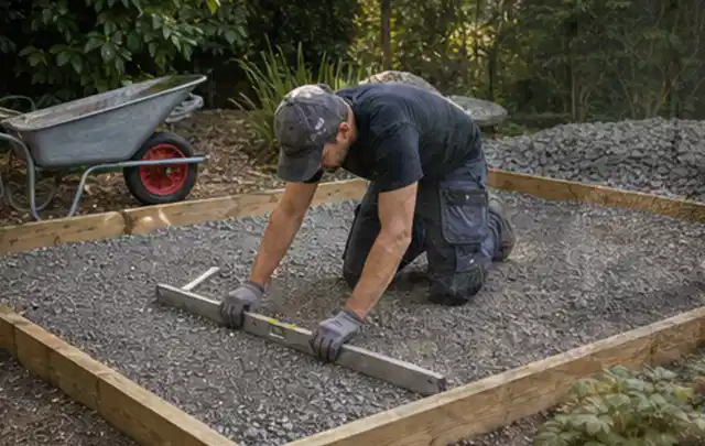 Person richtet eine verdichtete Kiesfläche mit Wasserwaage und Abziehlatte aus; Thema Gartenhaus aus Metall, Schwerpunkt Gartenhäuser; Umsetzung.
