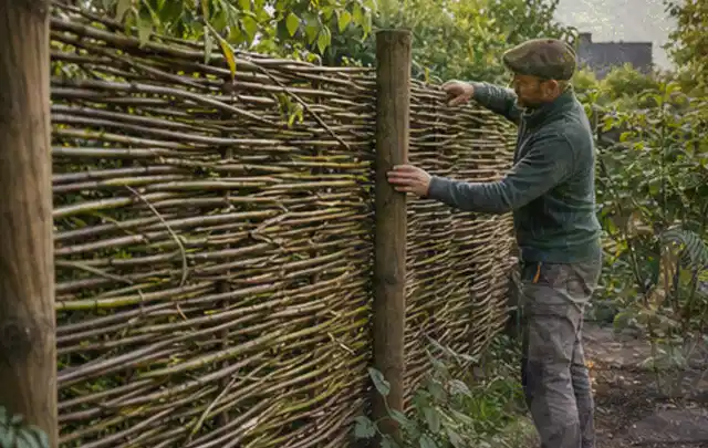 Person befestigt geflochtene Weidenruten an stabilen Holzpfosten im Garten; Thema Gartenhaus aus Metall, Schwerpunkt Gartenhäuser; Kontrolle.