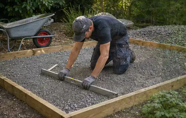 Person richtet eine verdichtete Kiesfläche mit Wasserwaage und Abziehlatte aus; Thema Gartenhaus aus Metall, Schwerpunkt Gestaltung; Ausgangslage.