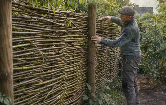 Person befestigt geflochtene Weidenruten an stabilen Holzpfosten im Garten; Thema Gartenhaus aus Metall, Schwerpunkt Gestaltung; Ergebnis.