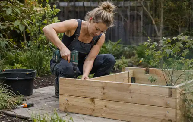 Person montiert ein massives Hochbeet aus unbehandeltem Holz im Garten; Thema Gartenhaus aus Metall, Schwerpunkt Gestaltung; Praxisalltag.