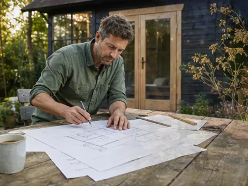 Person prüft Bauzeichnungen an einem Gartentisch vor einem kleinen Gartenhaus; Thema Gartenhaus aus Metall, Schwerpunkt Kosten; Titelbild.