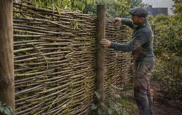 Person befestigt geflochtene Weidenruten an stabilen Holzpfosten im Garten; Thema Gartenhaus aus Metall, Schwerpunkt Kosten; Ausgangslage.