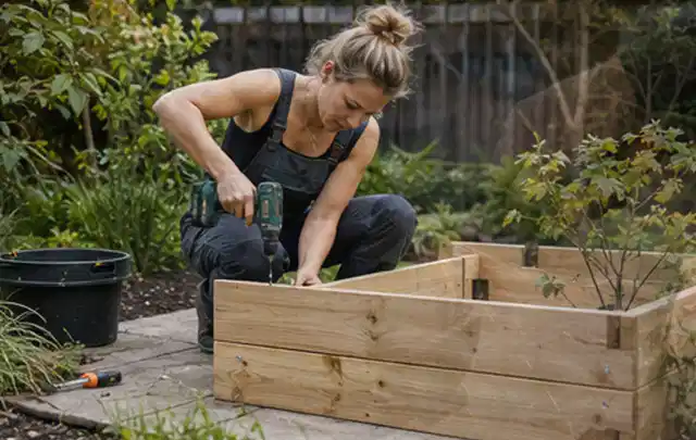 Person montiert ein massives Hochbeet aus unbehandeltem Holz im Garten; Thema Gartenhaus aus Metall, Schwerpunkt Kosten; Umsetzung.