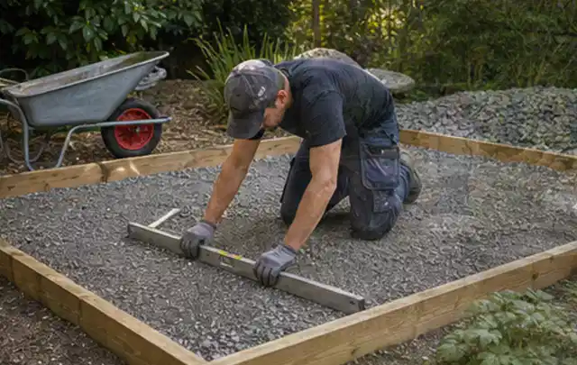 Person richtet eine verdichtete Kiesfläche mit Wasserwaage und Abziehlatte aus; Thema Gartenhaus aus Metall, Schwerpunkt Kosten; Ergebnis.