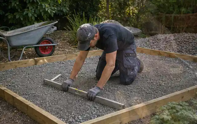 Person richtet eine verdichtete Kiesfläche mit Wasserwaage und Abziehlatte aus; Thema Gartenhaus aus Metall, Schwerpunkt Materialwahl; Kontrolle.