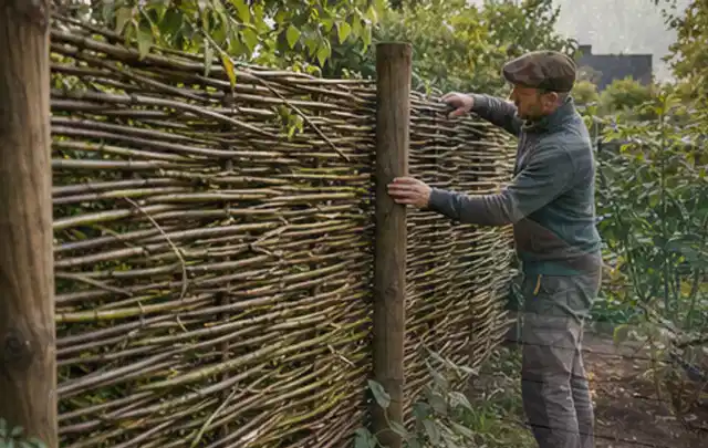 Person befestigt geflochtene Weidenruten an stabilen Holzpfosten im Garten; Thema Gartenhaus aus Metall, Schwerpunkt Materialwahl; Ergebnis.