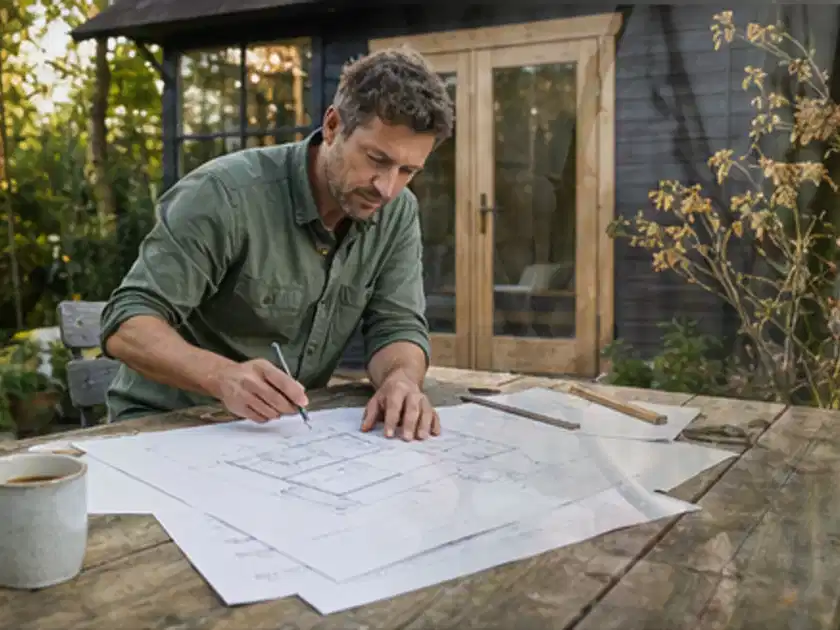 Person prüft Bauzeichnungen an einem Gartentisch vor einem kleinen Gartenhaus; Thema Gartenhaus aus Metall, Schwerpunkt Nachhaltigkeit; Titelbild.
