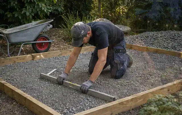 Person richtet eine verdichtete Kiesfläche mit Wasserwaage und Abziehlatte aus; Thema Gartenhaus aus Metall, Schwerpunkt Nachhaltigkeit; Umsetzung.