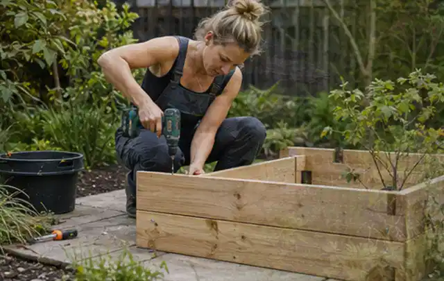 Person montiert ein massives Hochbeet aus unbehandeltem Holz im Garten; Thema Gartenhaus aus Metall, Schwerpunkt Nachhaltigkeit; Ergebnis.