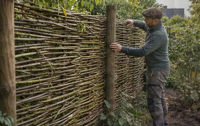Person befestigt geflochtene Weidenruten an stabilen Holzpfosten im Garten; Thema Gartenhaus aus Metall, Schwerpunkt Nachhaltigkeit; Praxisalltag.