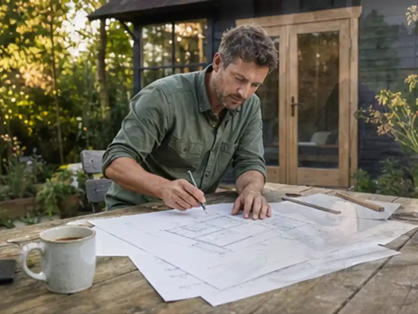 Person prüft Bauzeichnungen an einem Gartentisch vor einem kleinen Gartenhaus; Thema Gartenhaus aus Metall, Schwerpunkt Pflege; Titelbild.