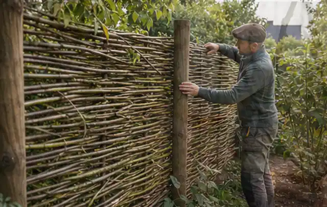 Person befestigt geflochtene Weidenruten an stabilen Holzpfosten im Garten; Thema Gartenhaus aus Metall, Schwerpunkt Pflege; Ergebnis.