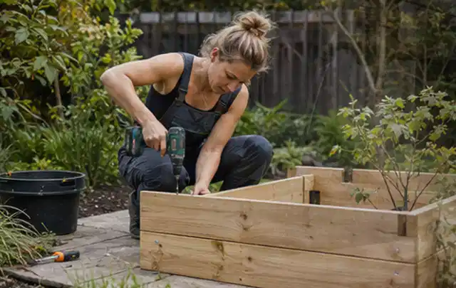 Person montiert ein massives Hochbeet aus unbehandeltem Holz im Garten; Thema Gartenhaus aus Metall, Schwerpunkt Planung; Umsetzung.