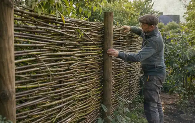 Person befestigt geflochtene Weidenruten an stabilen Holzpfosten im Garten; Thema Gartenhaus aus Metall, Schwerpunkt Planung; Ergebnis.