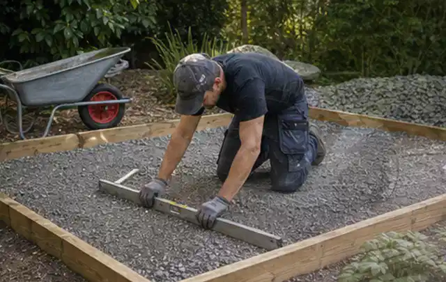 Person richtet eine verdichtete Kiesfläche mit Wasserwaage und Abziehlatte aus; Thema Gartenhaus aus Metall, Schwerpunkt Planung; Praxisalltag.
