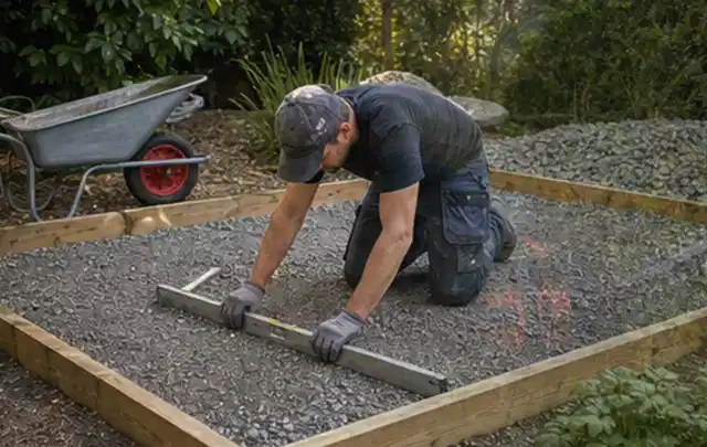 Person richtet eine verdichtete Kiesfläche mit Wasserwaage und Abziehlatte aus; Thema Gartenhaus aus Metall, Schwerpunkt Standort; Ausgangslage.