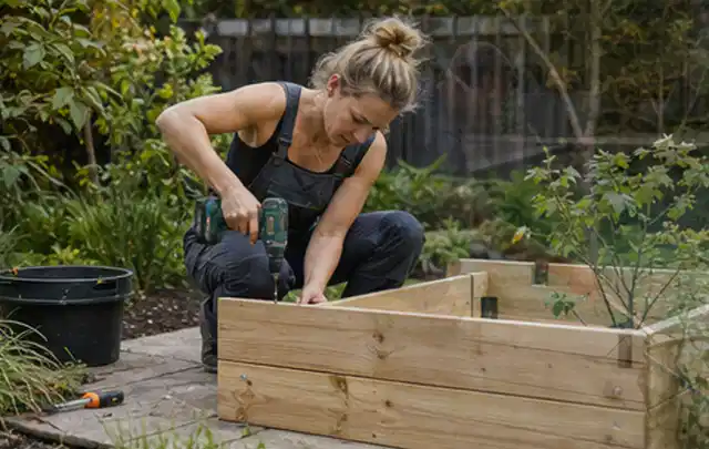Person montiert ein massives Hochbeet aus unbehandeltem Holz im Garten; Thema Gartenhaus aus Metall, Schwerpunkt Standort; Kontrolle.